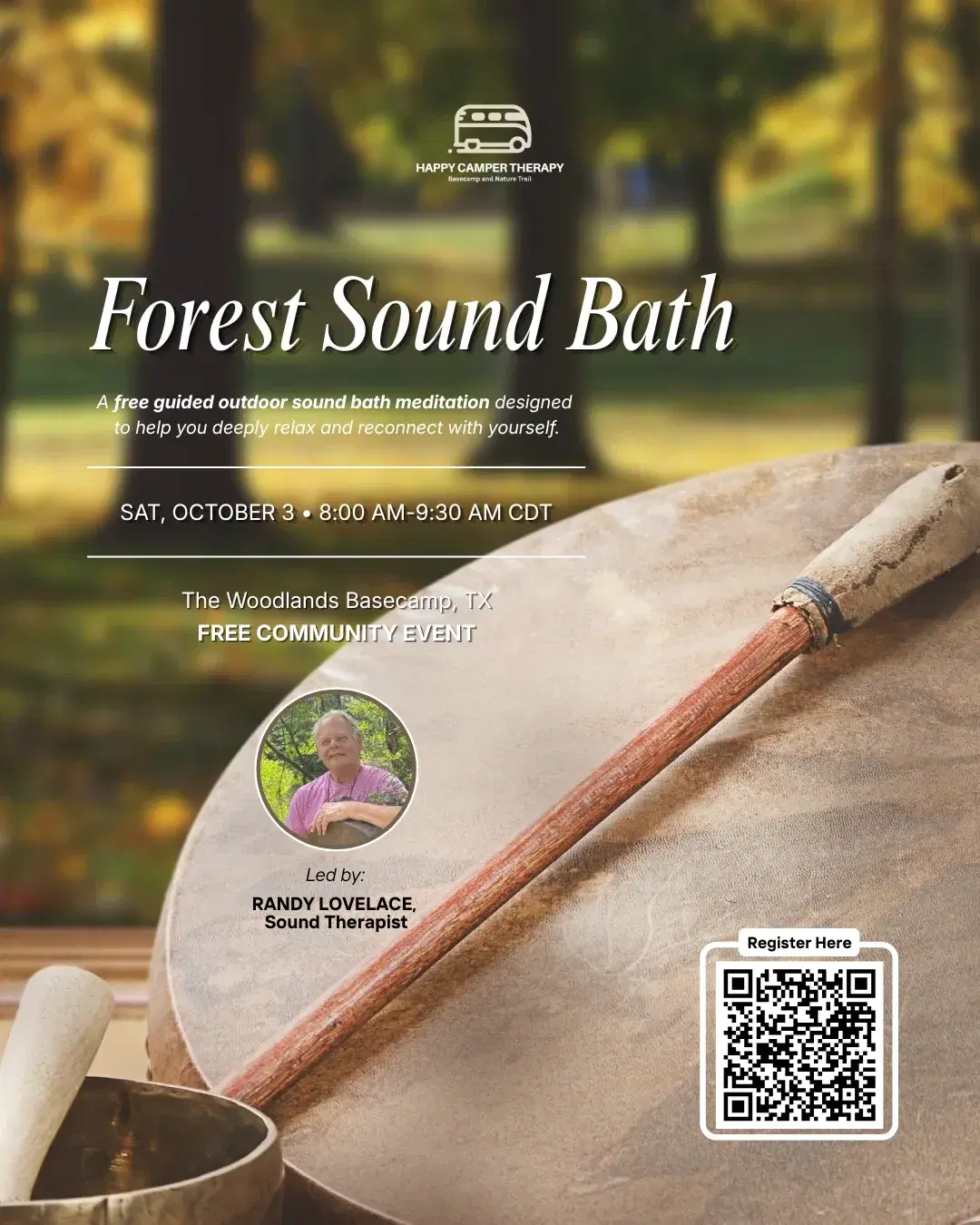 Forest Sound Bath event flyer for October 3 at WG Jones State Forest