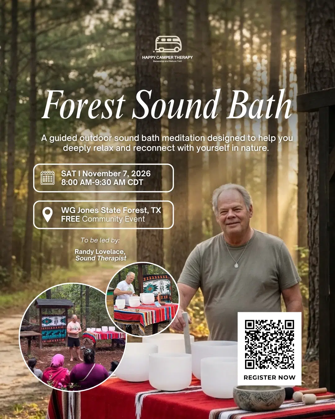 Forest Sound Bath event poster for November 7, 2026, at WG Jones State Forest