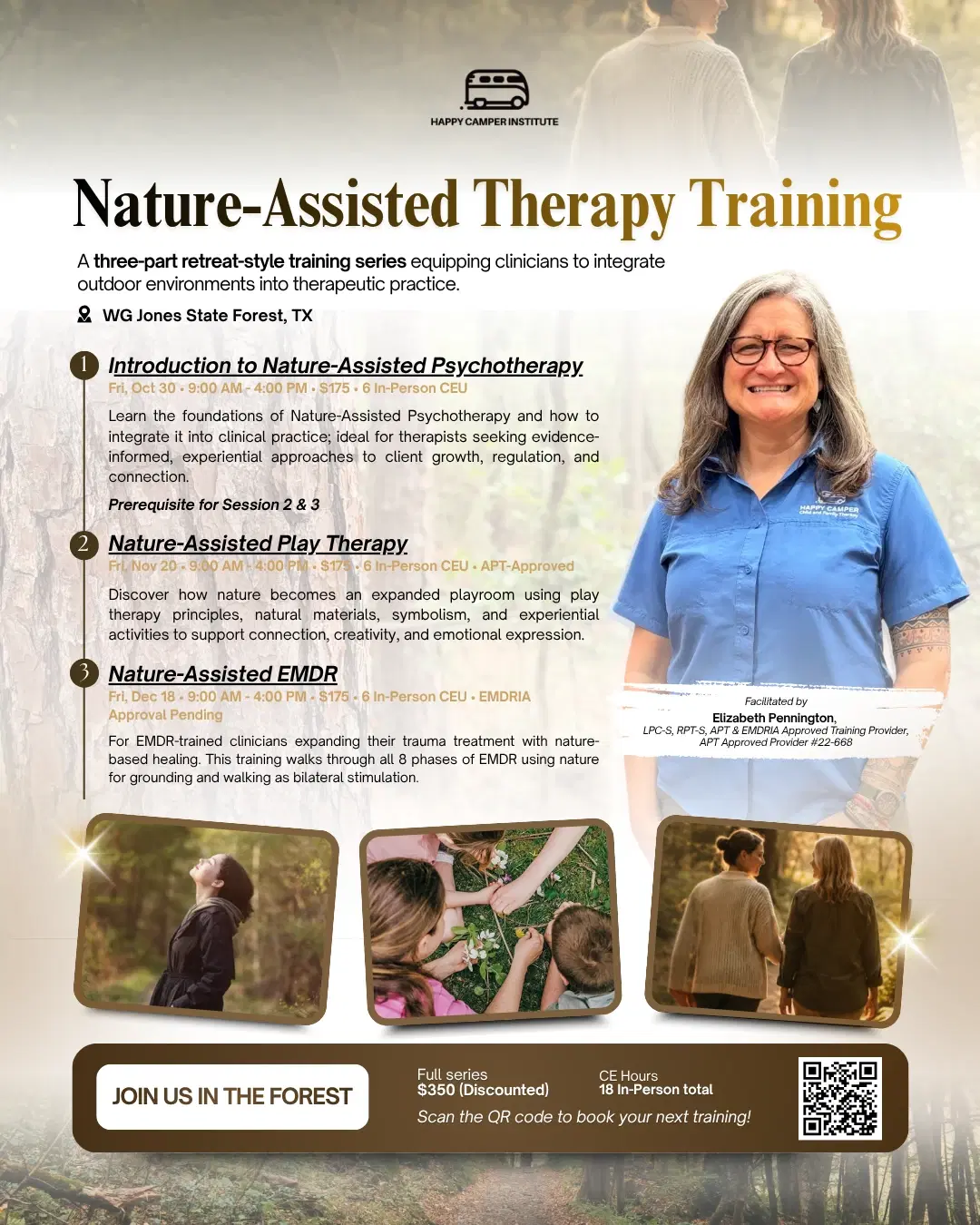 Updated Nature-Assisted Therapy Training flyer showing the introductory training as the prerequisite for Sessions 2 and 3