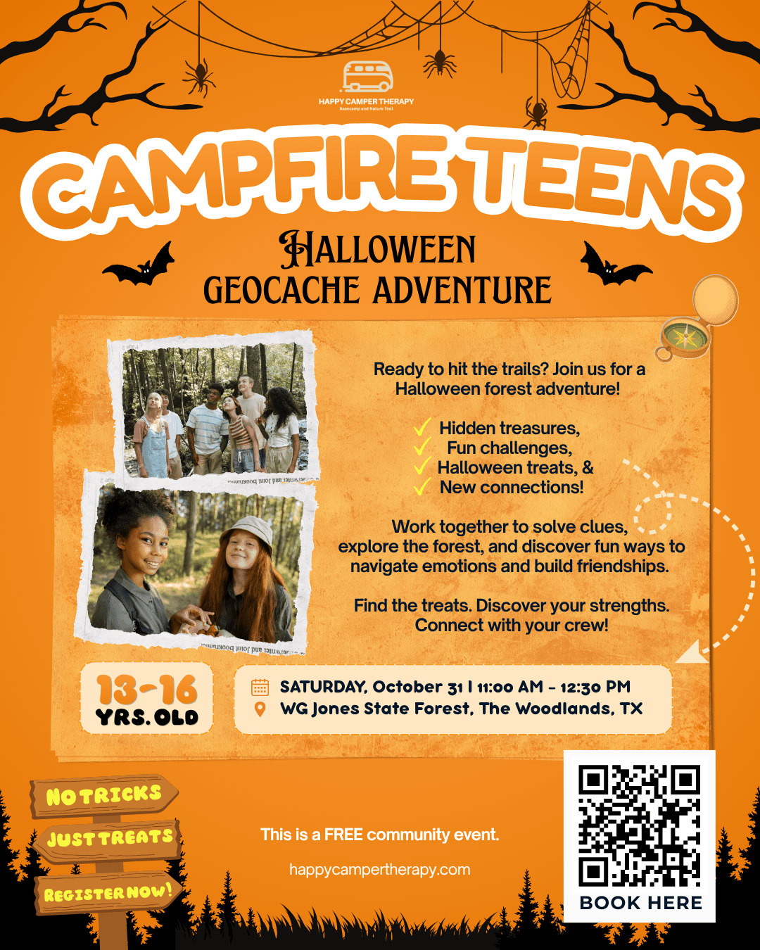 Campfire Teens: Halloween Geocache Adventure flyer with event details for October 31, 2026