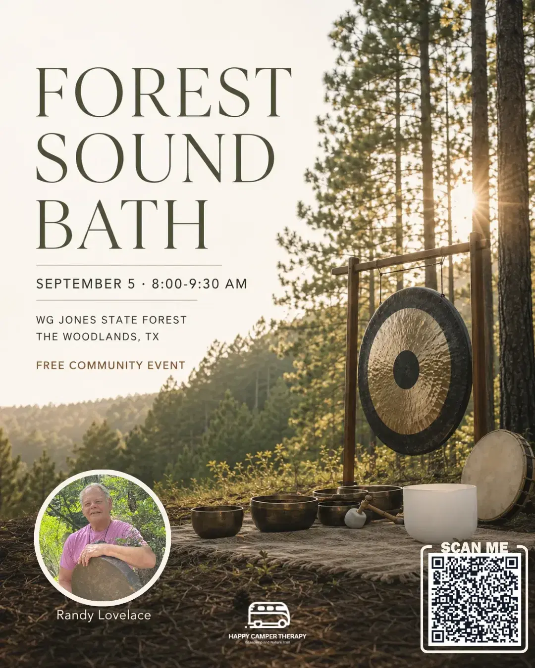 Forest Sound Bath event poster showing sound meditation instruments in a sunlit forest