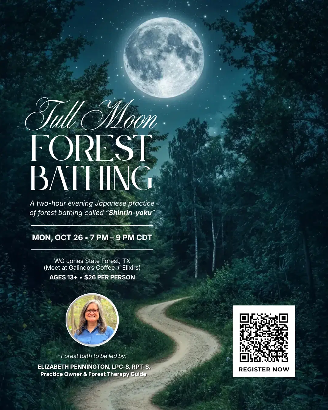 Full Moon Forest Bathing event poster for October 26, 2026, with the moonlit forest, event time, location, and registration details