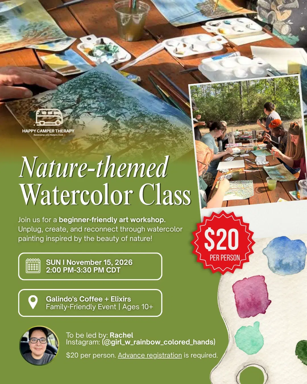 Nature-themed Watercolor Class event poster for November 15, 2026, at Galindo’s Coffee + Elixirs