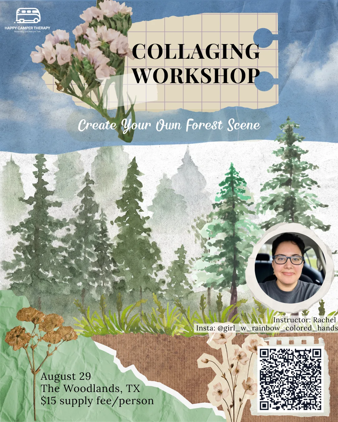Collaging Workshop event poster showing a nature collage scene and workshop details