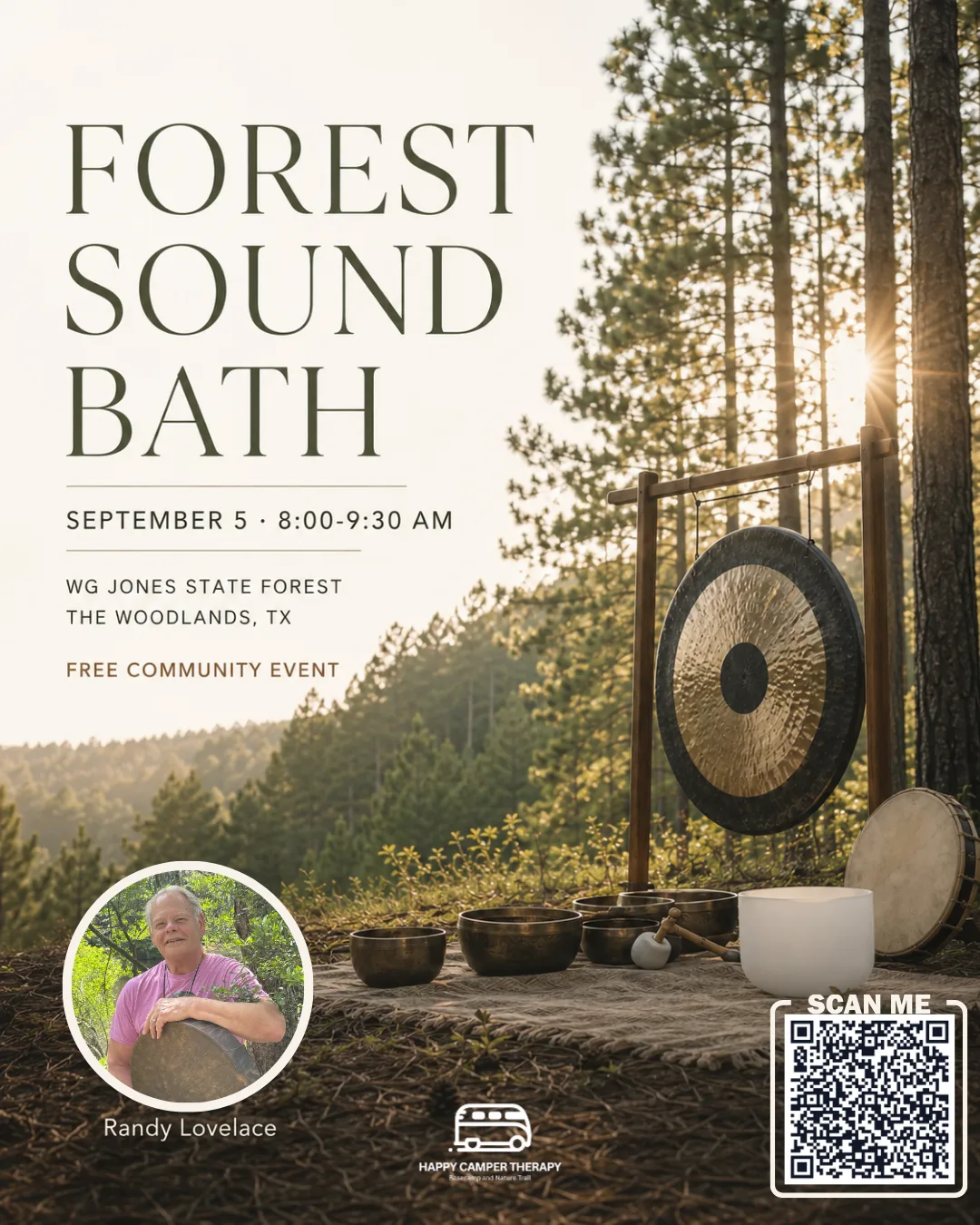 Forest Sound Bath event poster showing sound meditation instruments in a sunlit forest