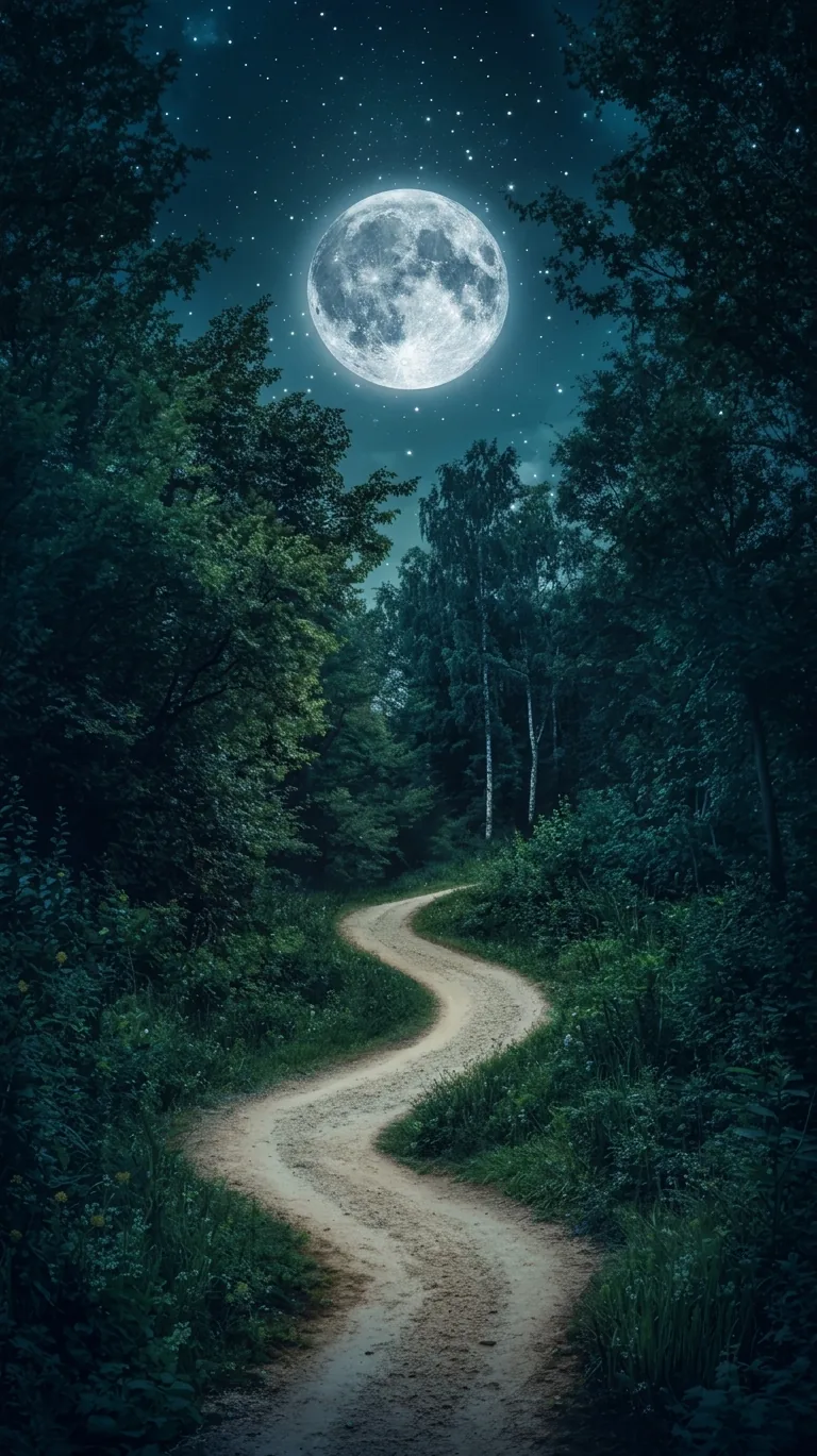 Full moon rising above a moonlit forest path