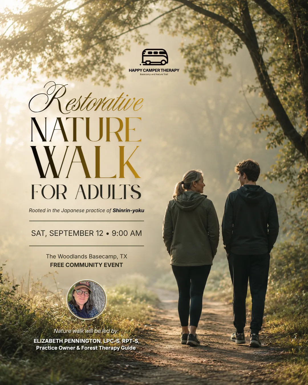 Restorative Nature Walk for Adults poster showing two adults walking on a forest trail