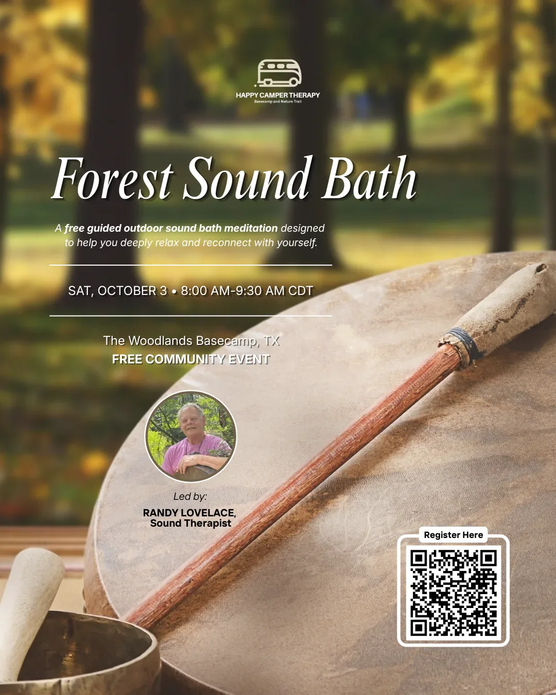 Forest Sound Bath event flyer for October 3 at WG Jones State Forest