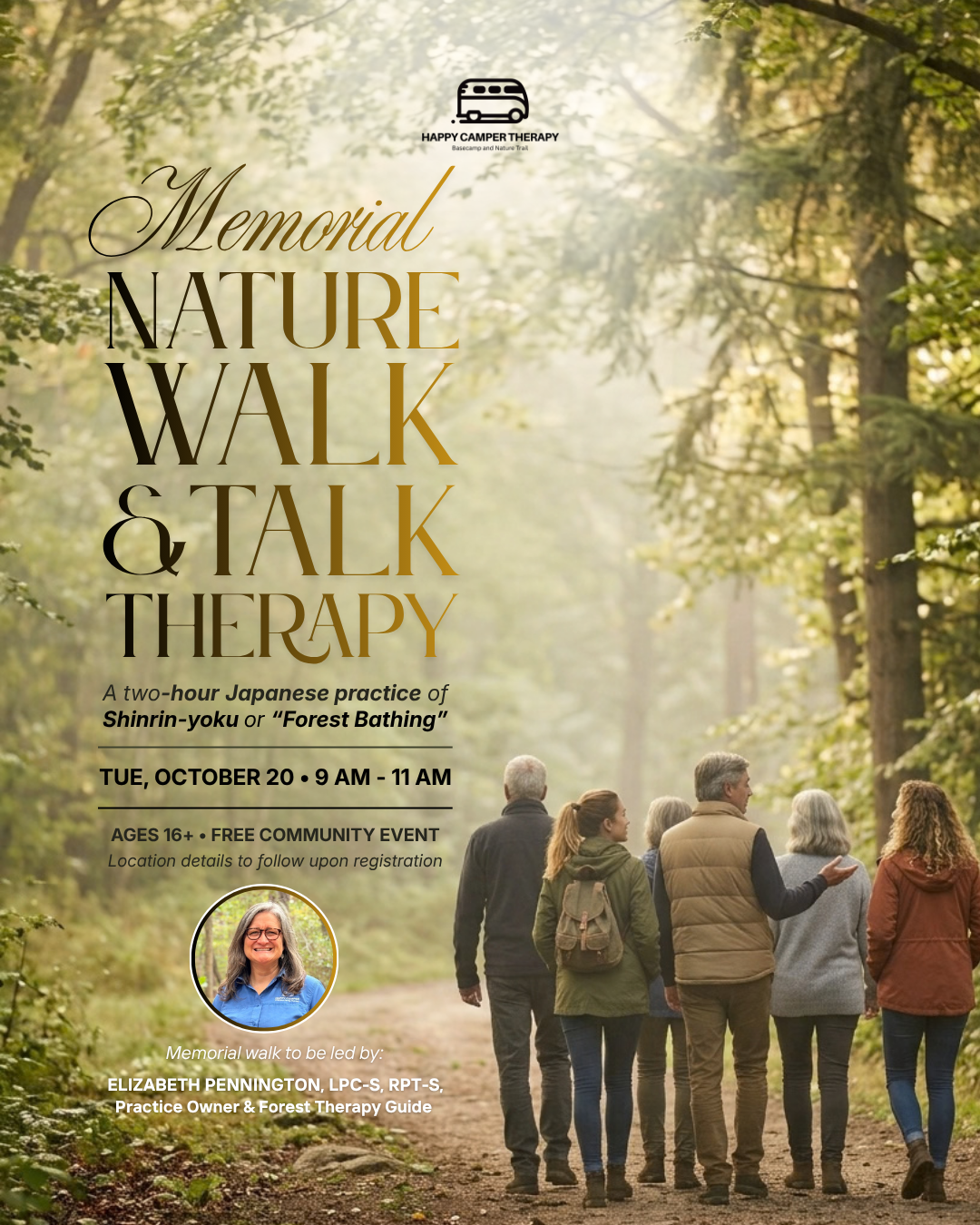 Memorial Nature Walk & Talk Therapy flyer for October 20, 2026