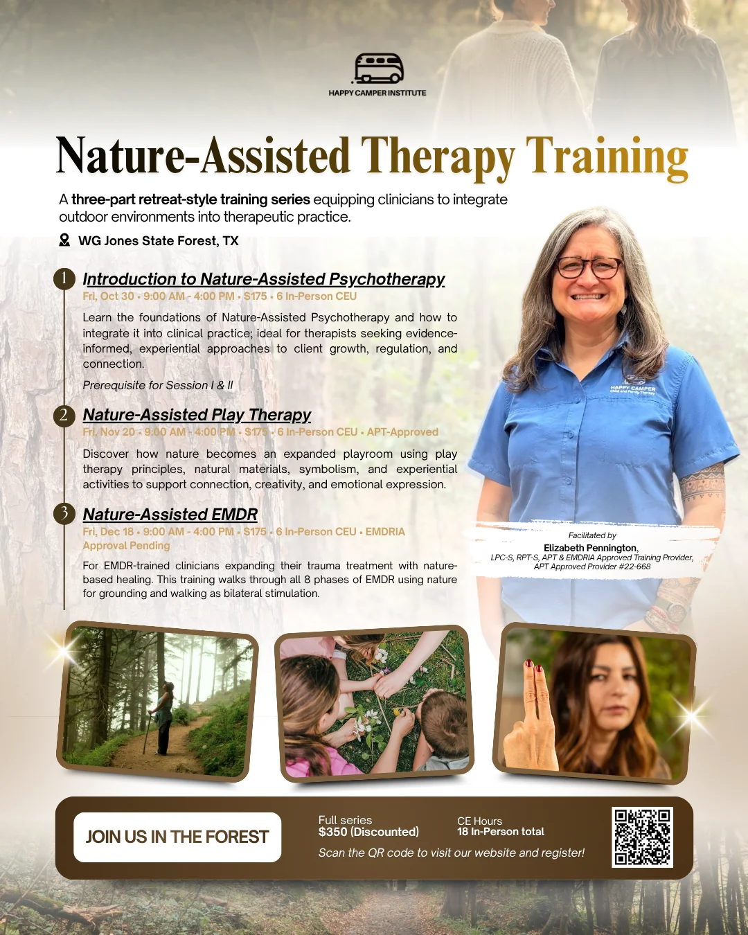 Nature-Assisted Therapy Training flyer featuring the Nature-Assisted Play Therapy session