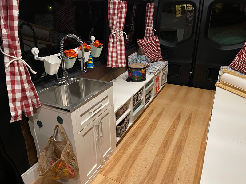 Van interior kitchenette with low-VOC finishes